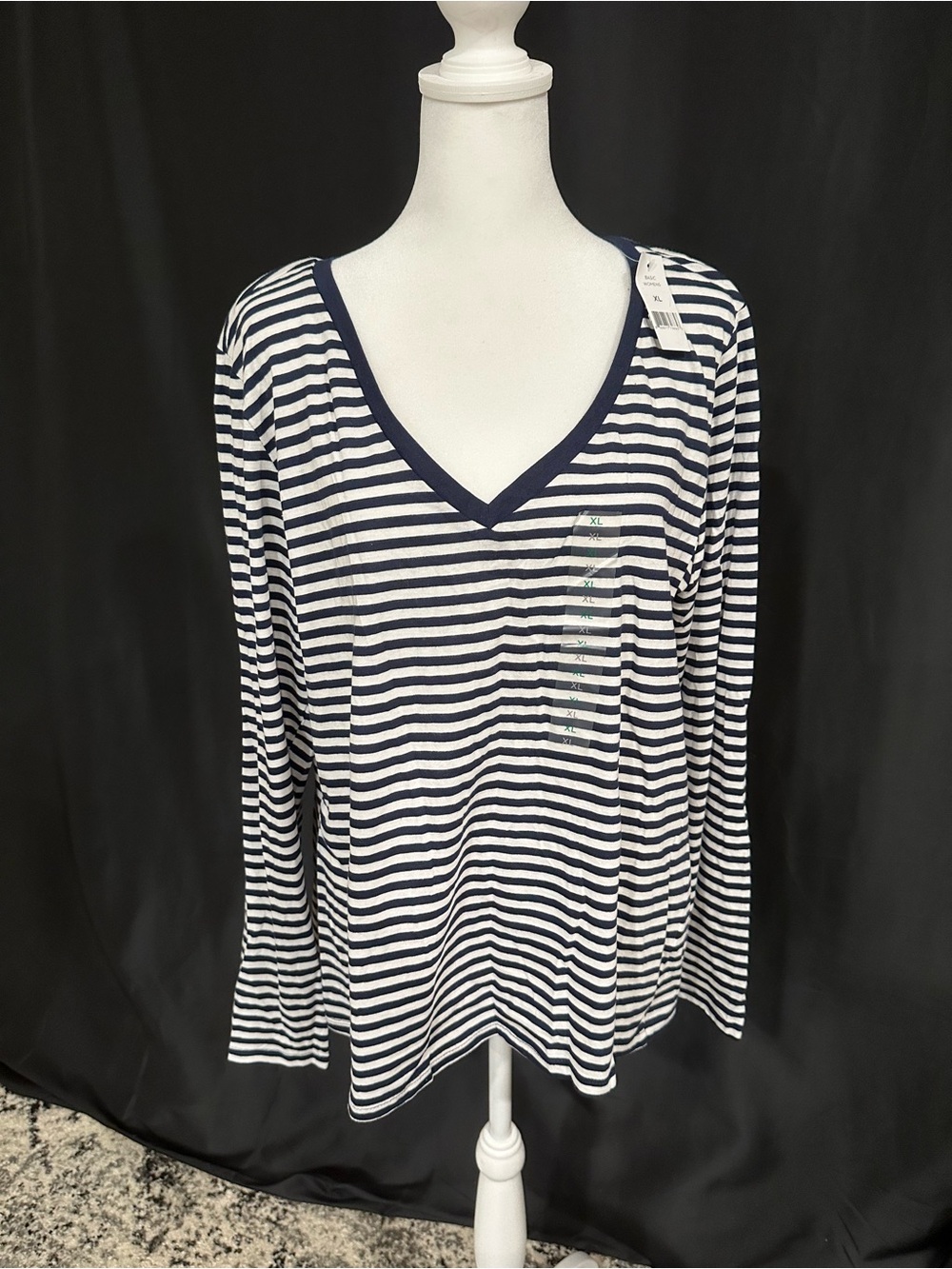 dip Navy and White Striped V-Neck Long Sleeve Tee